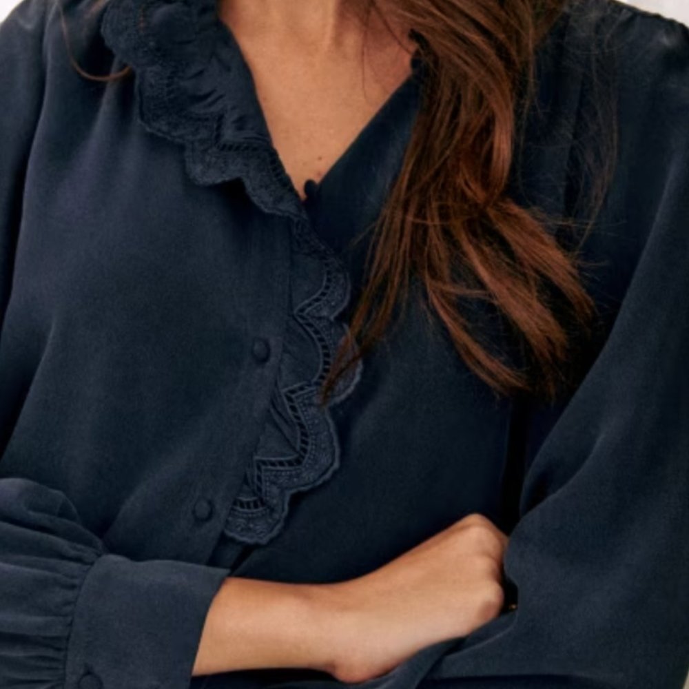 Navy Silk Button Down Blouse w/ Embroidery - Never Worn